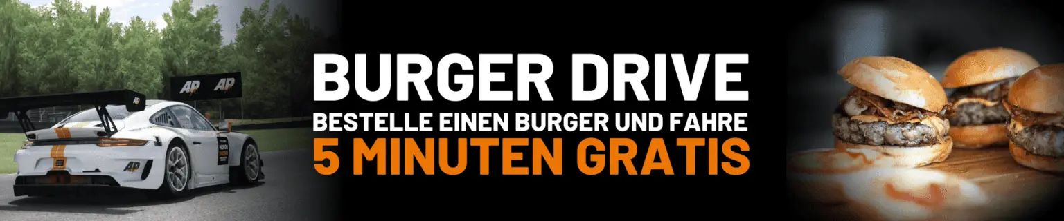 Aktionsbanner Burger Drive: Bestelle einen Burger und fahre 5 Minuten gratis — daneben ein weisser Porsche-Rennwagen und drei Burger