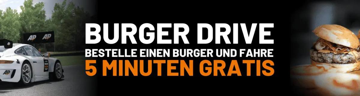 Aktionsbanner Burger Drive: Bestelle einen Burger und fahre 5 Minuten gratis — daneben ein weisser Porsche-Rennwagen und drei Burger