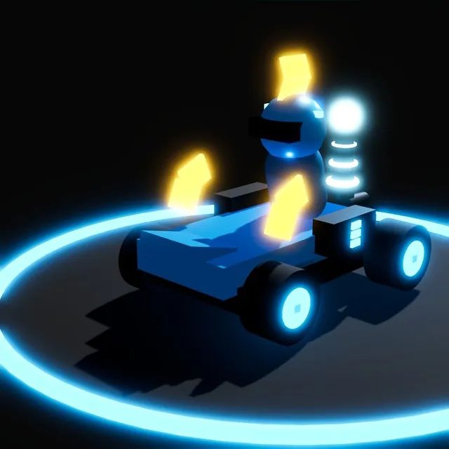 Fahrerin Blitz-Bea im hellblauen Elektro-Kart mit Tesla-Spule