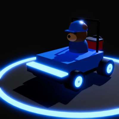 Fahrer Boxenstopp-Bruno, ein Mechaniker-Bär im blauen Monster-Kart mit Werkzeugkiste