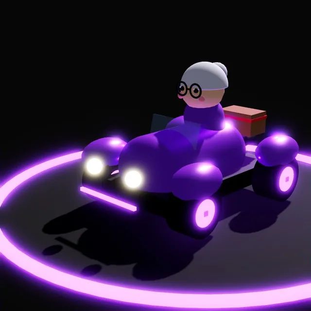 Fahrerin Bremsweg-Brigitte, ein Grosi im violetten Oldtimer mit Picknickkorb