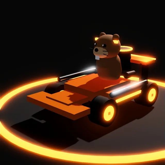 Fahrer Turbo-Toni, ein Murmeltier im orangen Turbo-Kart