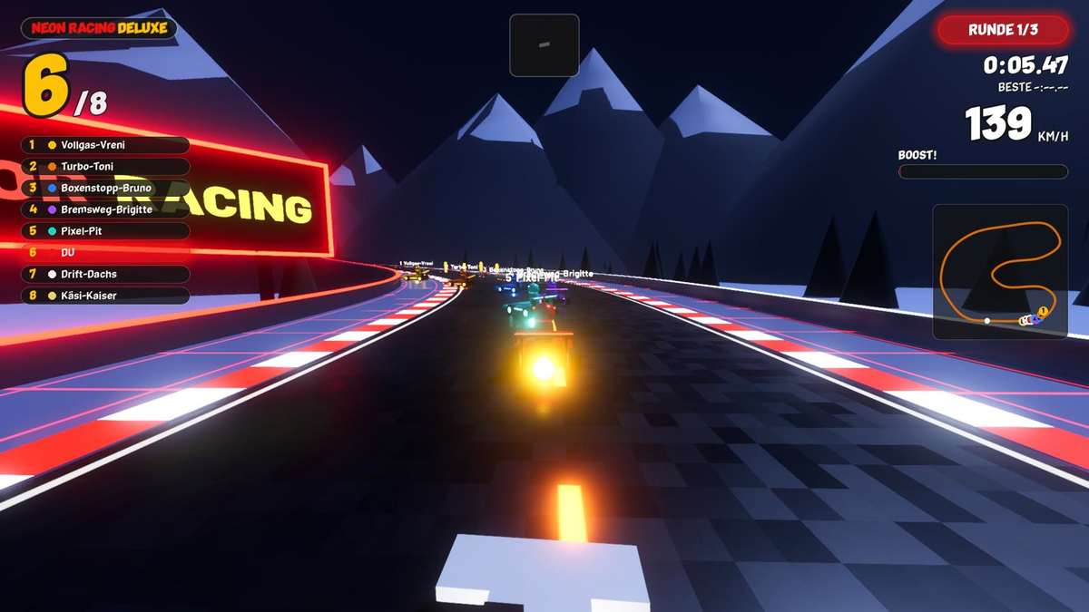 Neon Racing Deluxe Strecke Alpen-Pass: Karts auf Serpentinen zwischen Bergen, Tunnel und Kuhweiden