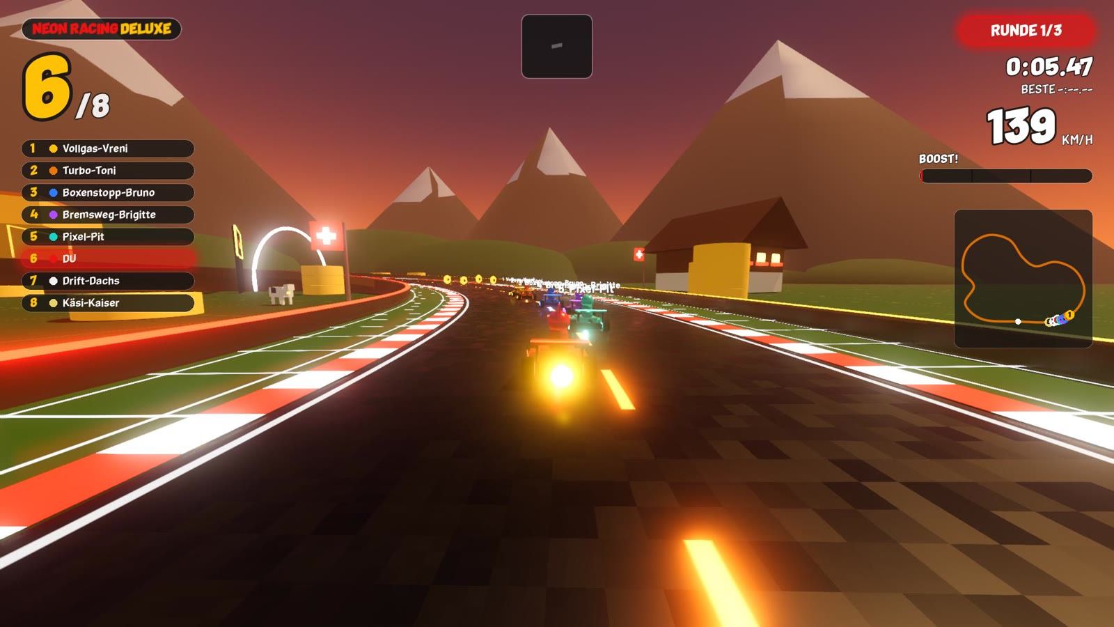 Neon Racing Deluxe Strecke Emmental: Karts durch den Chäs-Tunnel, vorbei an Riesen-Fondue und Kuhweiden