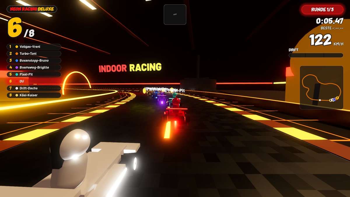 Neon Racing Deluxe Strecke Schoggi-Fabrik: Karts am Schoggi-See zwischen Rührwerken