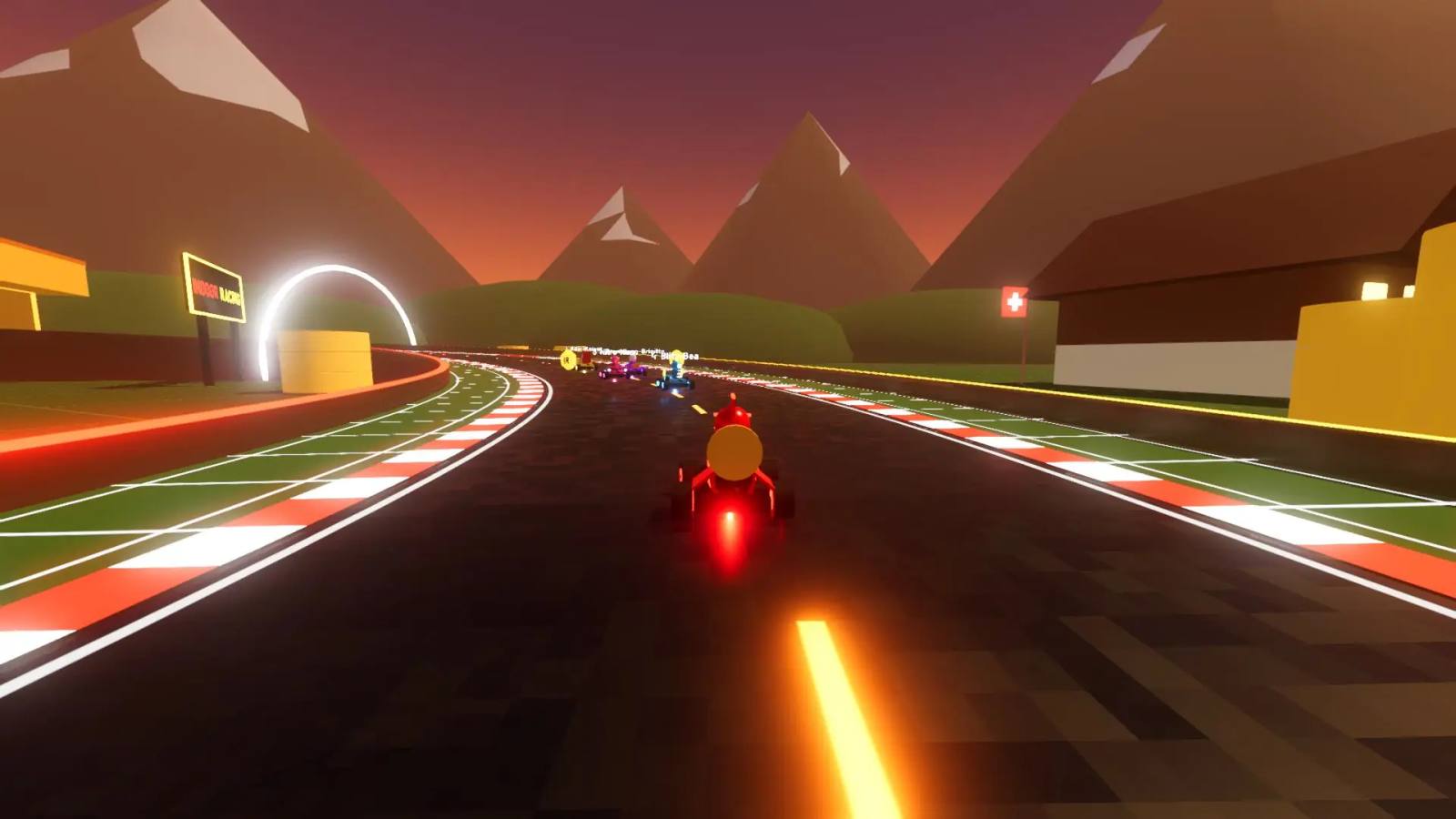 Kart-Rennen von Suisse Neon Racing auf der Emmental-Strecke: Figuren-Karts auf der Strasse vor Bergkulisse, mit Kuhweiden und Leuchtbögen