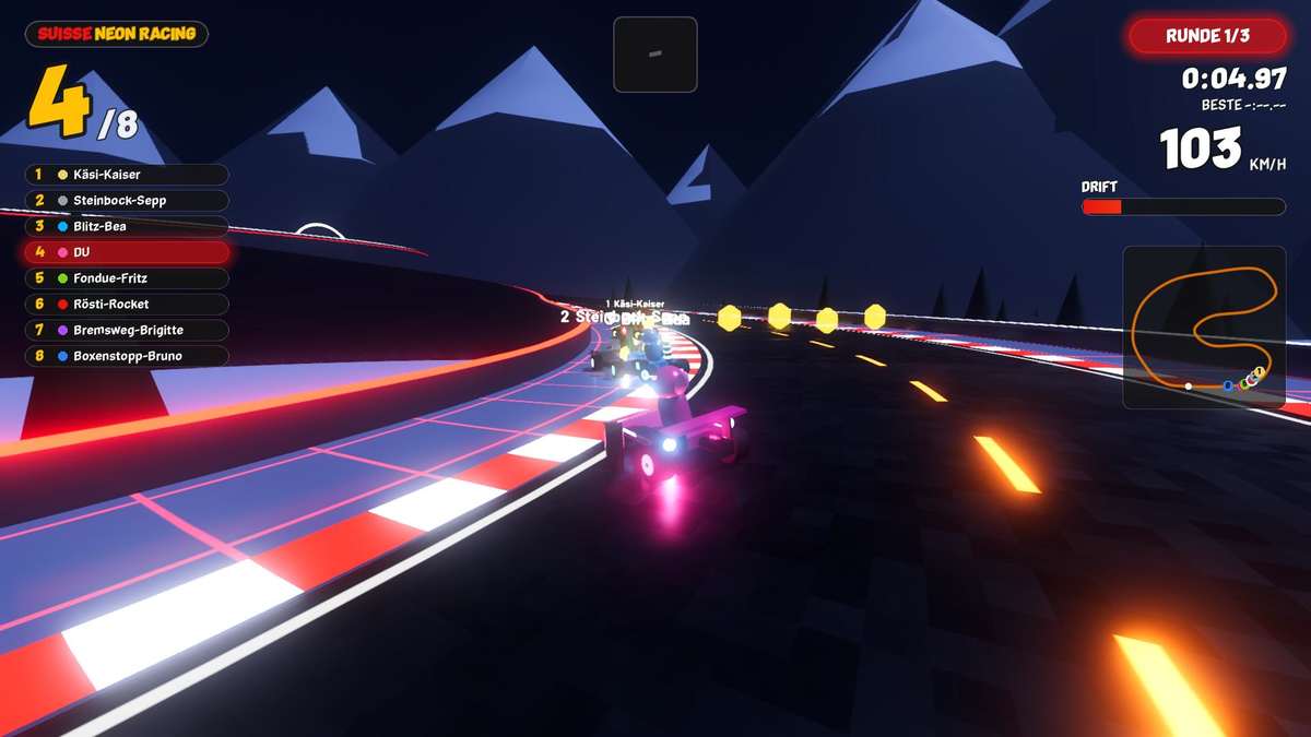 Suisse Neon Racing Strecke Alpen-Pass: Figuren-Karts auf Serpentinen zwischen Bergen, Tunnel und Kuhweiden, mit Rennanzeige