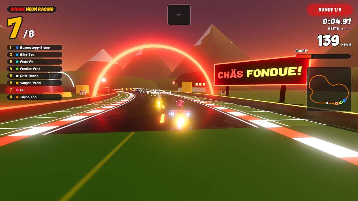 Suisse Neon Racing Strecke Emmental: Figuren-Karts durch den Chäs-Tunnel, vorbei an Riesen-Fondue und Kuhweiden