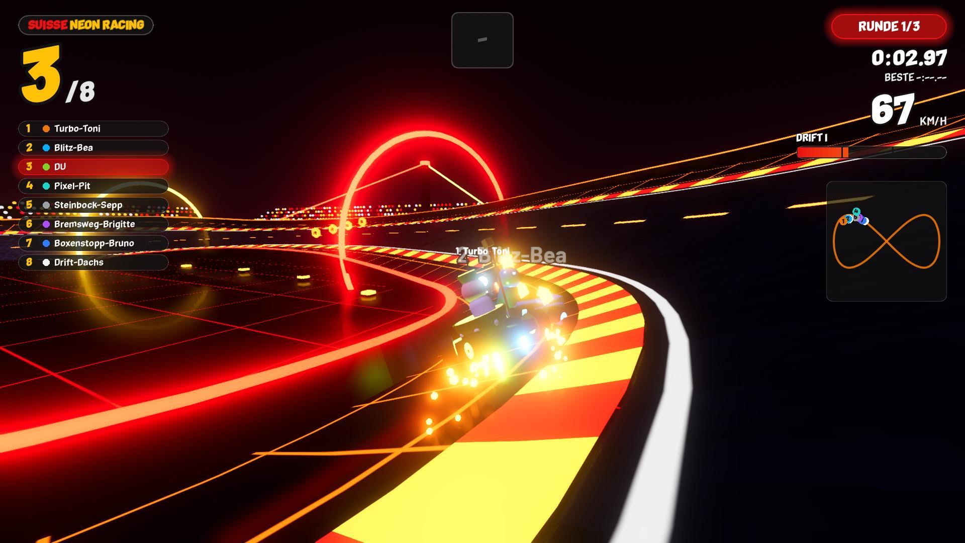 Suisse Neon Racing Strecke Laser-Arena: Figuren-Karts auf einem Achterbahn-Kurs mit Steilkurven und Überführung