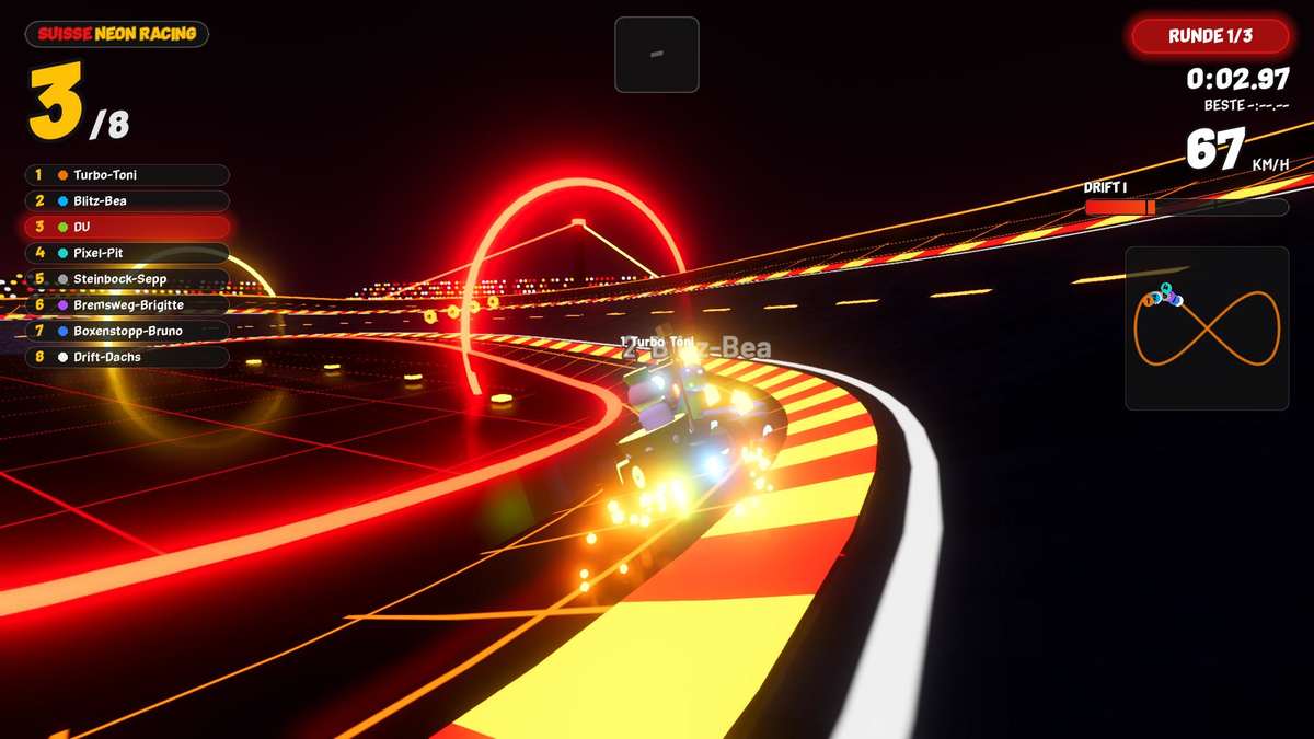 Suisse Neon Racing Strecke Laser-Arena: Figuren-Karts auf einem Achterbahn-Kurs mit Steilkurven und Überführung