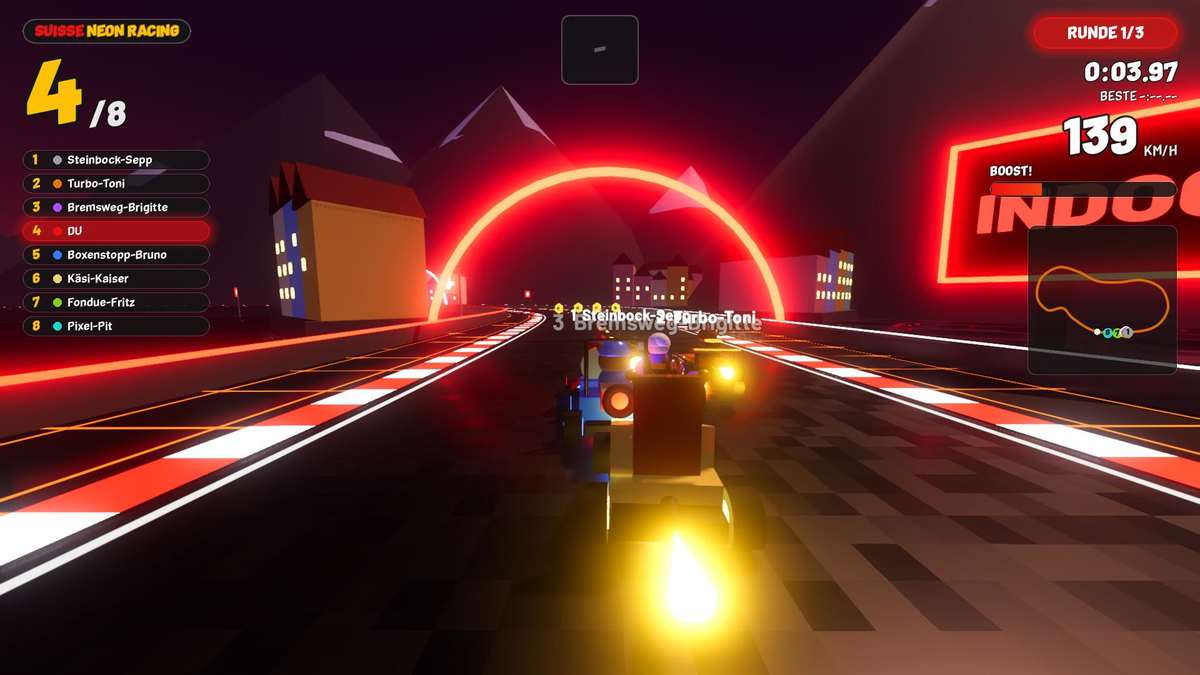 Suisse Neon Racing Strecke Luzern: Figuren-Karts an Kapellbrücke, Wasserturm und Altstadt am See
