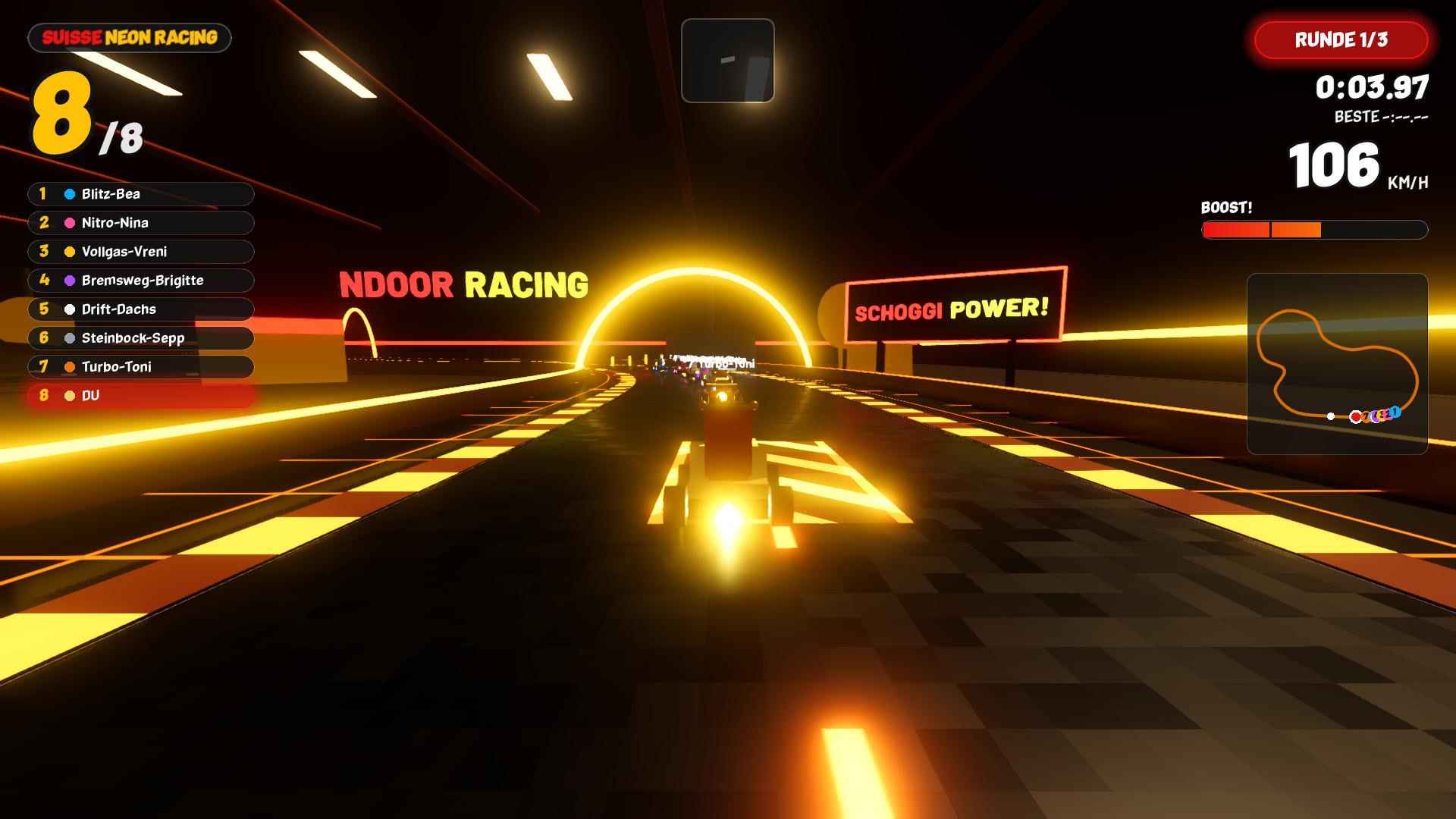 Suisse Neon Racing Strecke Schoggi-Fabrik: Figuren-Karts am Schoggi-See zwischen Rührwerken