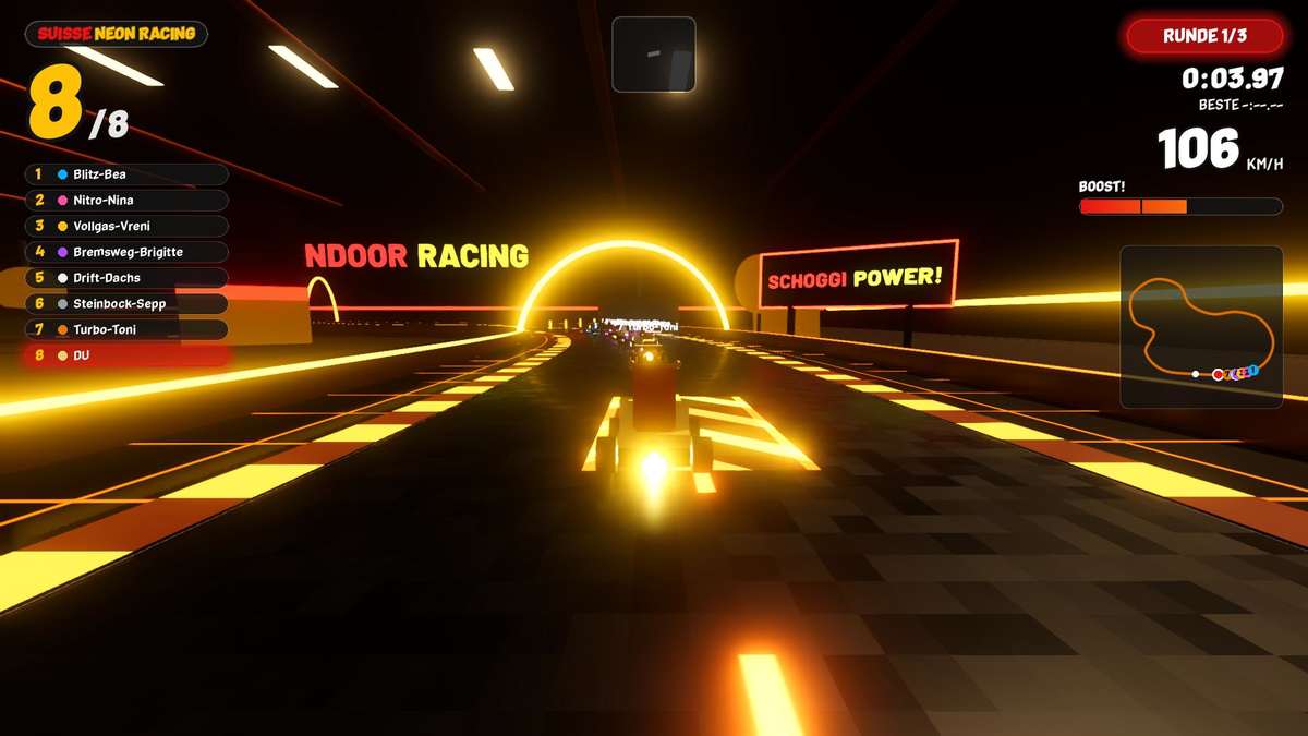 Suisse Neon Racing Strecke Schoggi-Fabrik: Figuren-Karts am Schoggi-See zwischen Rührwerken