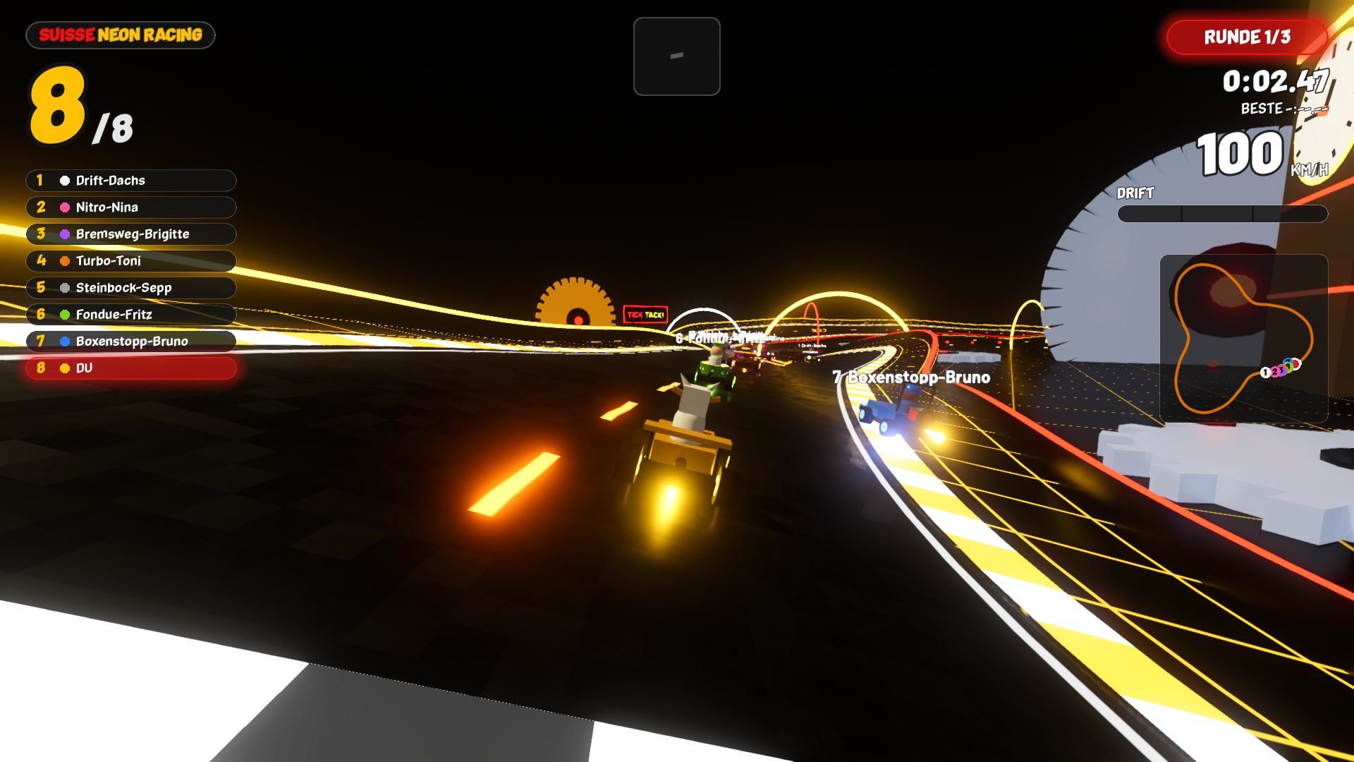 Suisse Neon Racing Strecke Uhrwerk: Figuren-Karts zwischen Riesen-Zahnrädern und der Zytglogge