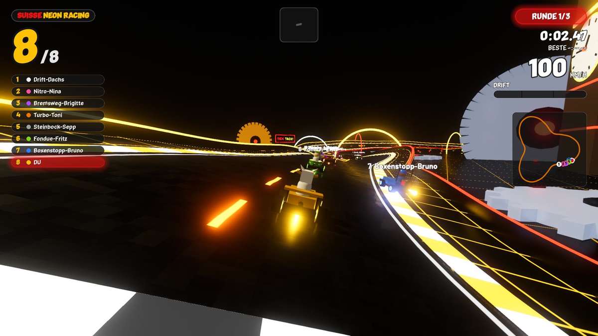 Suisse Neon Racing Strecke Uhrwerk: Figuren-Karts zwischen Riesen-Zahnrädern und der Zytglogge