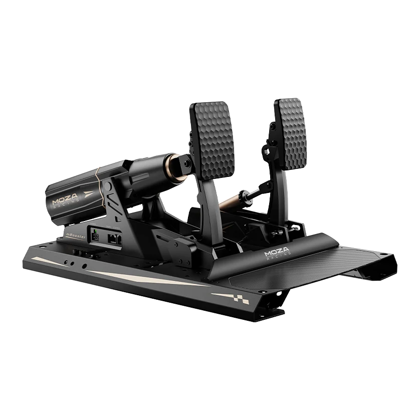 MOZA mBooster Active Pedal Set mit aktivem Bremspedal und CRP2-Gaspedal – Seitenansicht