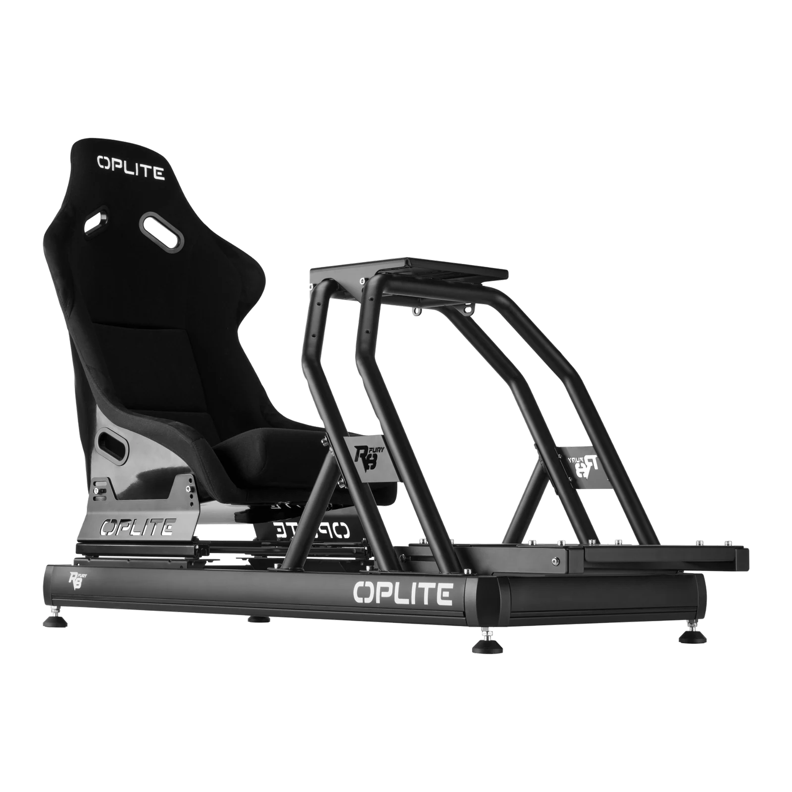 OPLITE R8 Fury Sim-Racing-Cockpit in Schwarz mit Schalensitz – Frontansicht