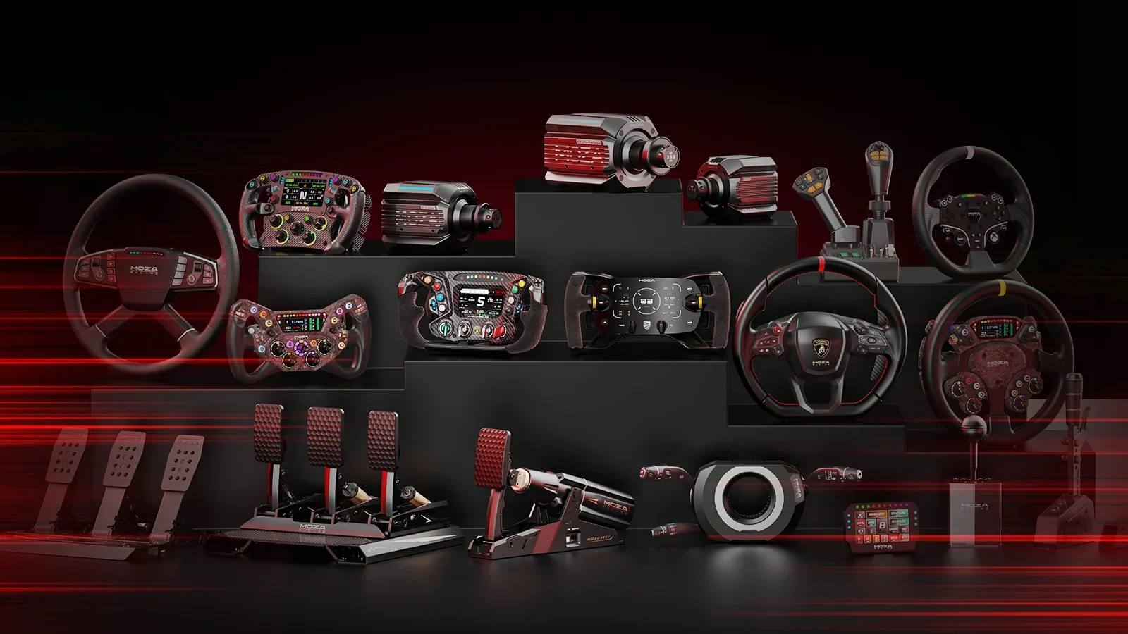 Sim-Racing-Hardware von MOZA Racing: Lenkräder, Wheelbases, Pedale und Schalthebel auf dunklem Podest mit roten Lichtstreifen