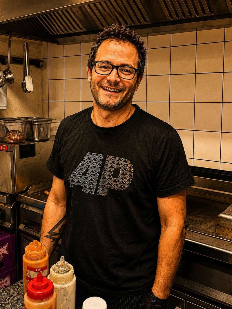 Marcel der Burger Meister in der Küche vom AP Café Indoor-Racing