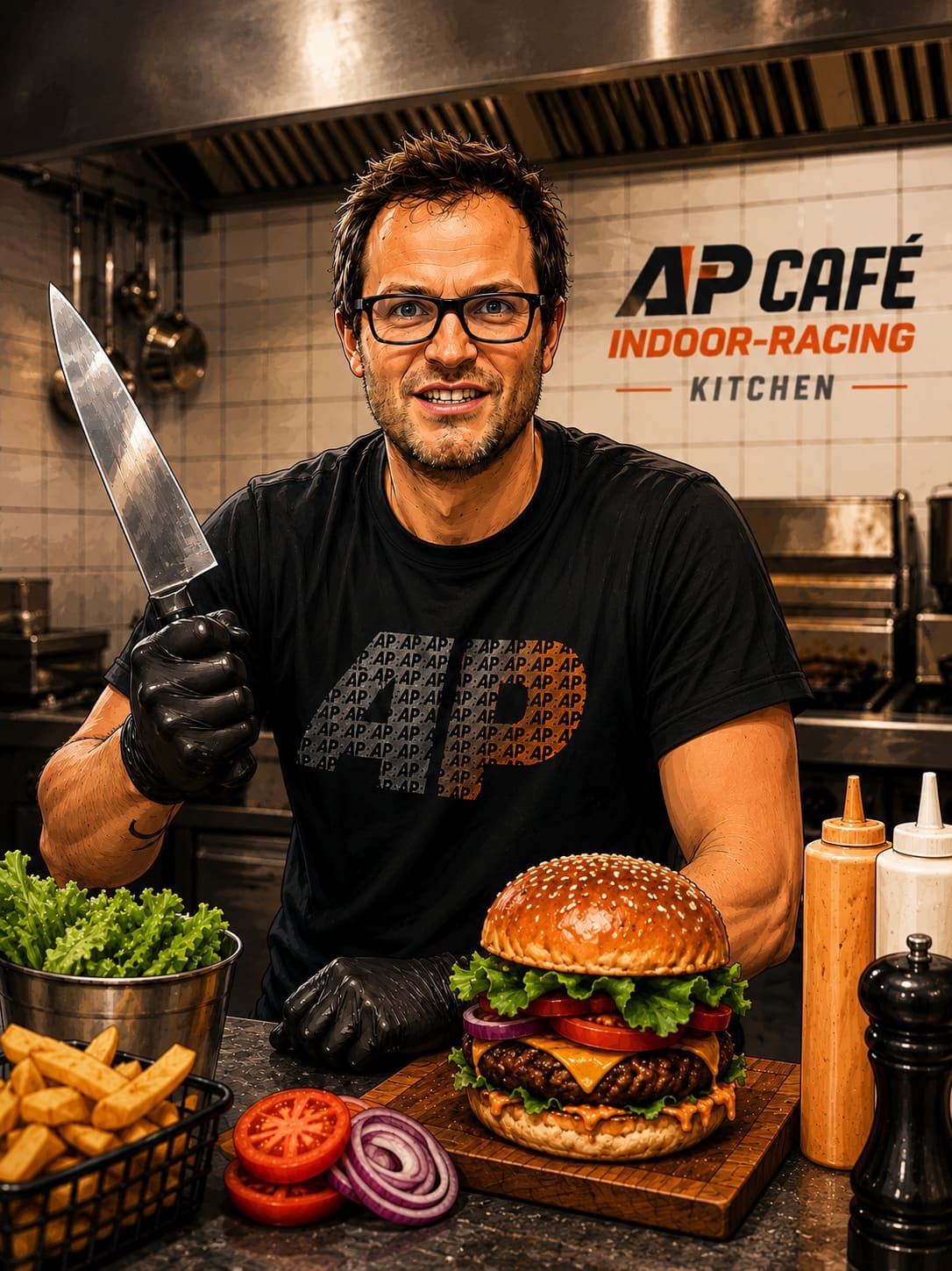 Marcel der Burger Meister in der Küche vom AP Café Indoor-Racing