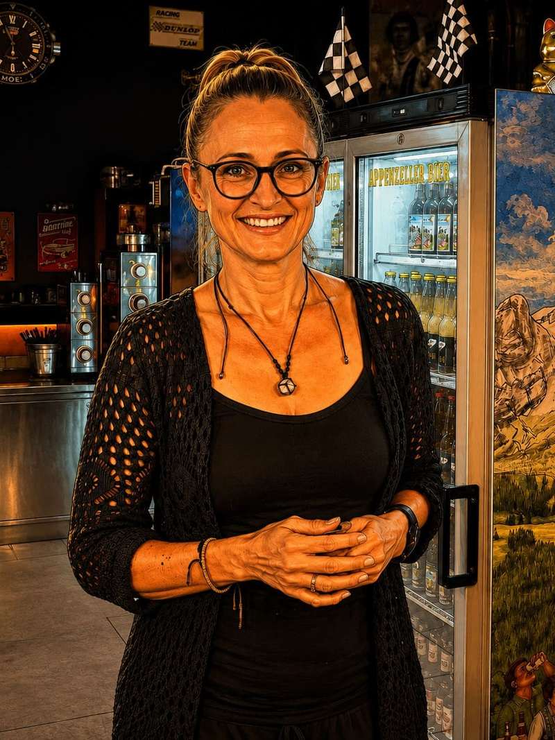 Mihaela bei der Gäste Betreuung im AP Café Indoor-Racing