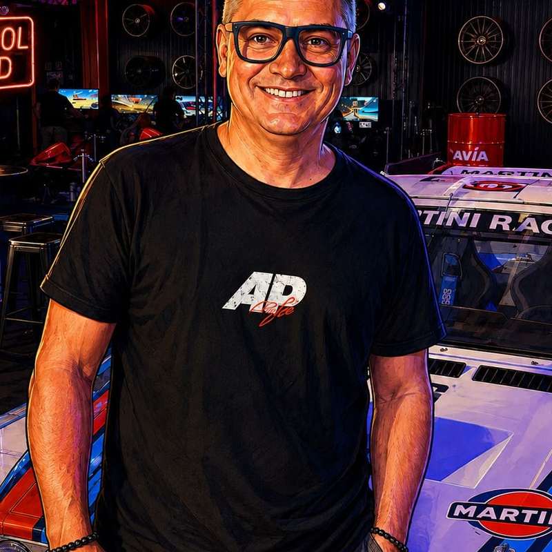 Yves oder auch HeyYves genannt vor einem Gruppe B Landia Ausstellungs Auto im AP Café Indoor-Racing