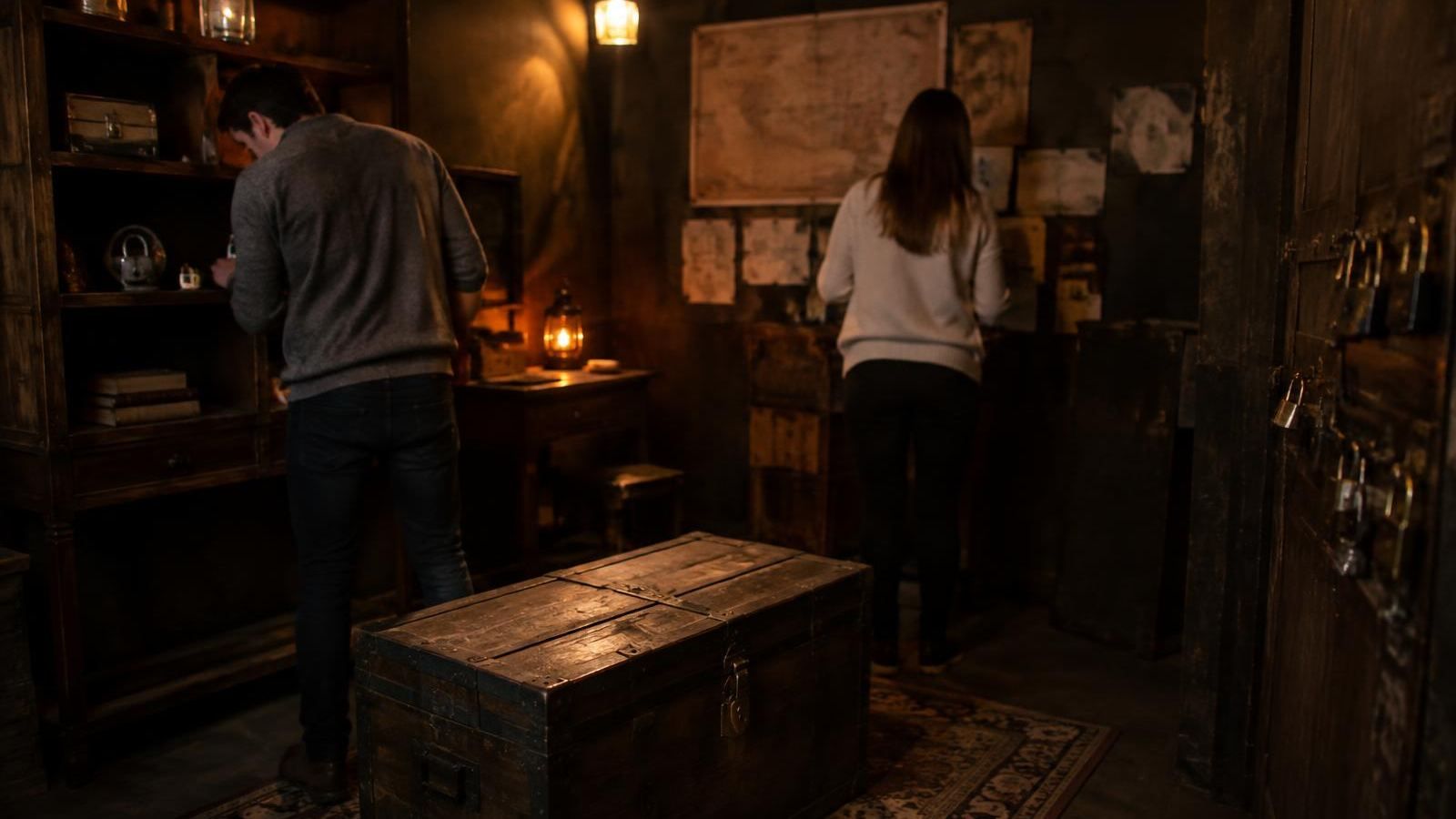 Dämmriger Escape Room mit Vorhängeschlössern und Truhe, zwei Personen suchen Hinweise (KI-Symbolbild)