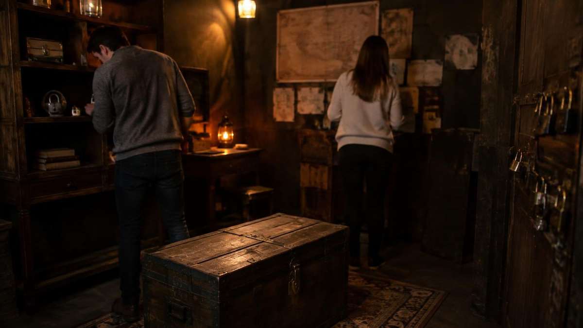 Dämmriger Escape Room mit Vorhängeschlössern und Truhe, zwei Personen suchen Hinweise (KI-Symbolbild)