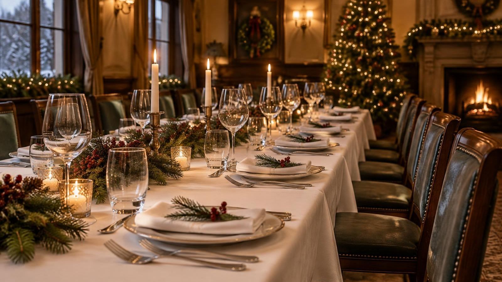 Leere, festlich gedeckte lange Tafel mit Weihnachtsdekoration in einem klassischen Restaurant (KI-Symbolbild)